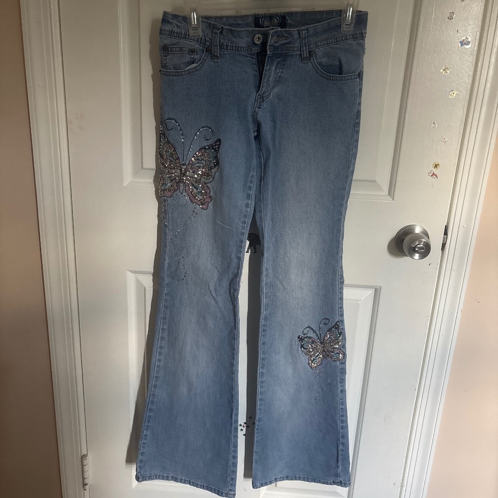 y2k butterfly print rhinestone flare jeans